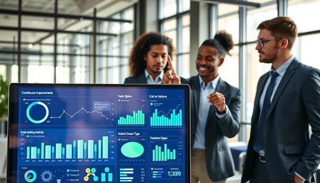 A sleek, modern continuous improvement metrics dashboard displayed prominently in the foreground, featuring vibrant graphs, charts, and visuals illustrating key performance indicators (KPIs) and goal-setting metrics. The dashboard screen glows with a soft blue and green color palette, reflecting a professional atmosphere. In the middle ground, a diverse group of three professionals, dressed in business attire, are examining the data—two pointing at specific metrics while discussing insights. The background is a contemporary office environment with large windows allowing natural light to stream in, casting gentle shadows. The mood is focused and collaborative, highlighting an atmosphere of innovation and strategic planning. Use a wide-angle lens to capture the dynamic workspace, enhancing the sense of engagement and teamwork. A sleek, modern continuous improvement metrics dashboard displayed prominently in the foreground, featuring vibrant graphs, charts, and visuals illustrating key performance indicators (KPIs) and goal-setting metrics. The dashboard screen glows with a soft blue and green color palette, reflecting a professional atmosphere. In the middle ground, a diverse group of three professionals, dressed in business attire, are examining the data—two pointing at specific metrics while discussing insights. The background is a contemporary office environment with large windows allowing natural light to stream in, casting gentle shadows. The mood is focused and collaborative, highlighting an atmosphere of innovation and strategic planning. Use a wide-angle lens to capture the dynamic workspace, enhancing the sense of engagement and teamwork.