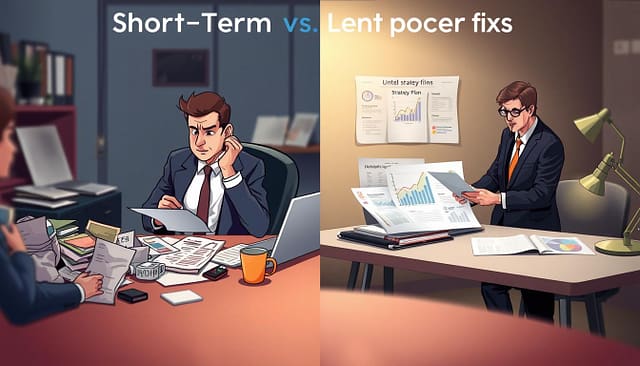 A split-scene illustration representing "Short-Term versus Long-Term Process Fixes." In the foreground, on the left, depict a cluttered desk with urgent problem-solving items: crumpled papers, a coffee cup, and a laptop with a troubleshooting interface open. Show a professional in business attire, looking stressed while making quick notes. In the middle, transitioning to a clearer workspace on the right, feature a clean desk with neatly organized files and a detailed strategy plan. Here, a calm professional in smart casual attire reviews an analytics graph, highlighting sustainable improvements. The background should show a contrasting atmosphere: the left side dimly lit, creating a sense of urgency, and the right side brightly illuminated, symbolizing clarity and future planning. Use a slightly blurred depth of field to draw attention to the contrasting themes. A split-scene illustration representing "Short-Term versus Long-Term Process Fixes." In the foreground, on the left, depict a cluttered desk with urgent problem-solving items: crumpled papers, a coffee cup, and a laptop with a troubleshooting interface open. Show a professional in business attire, looking stressed while making quick notes. In the middle, transitioning to a clearer workspace on the right, feature a clean desk with neatly organized files and a detailed strategy plan. Here, a calm professional in smart casual attire reviews an analytics graph, highlighting sustainable improvements. The background should show a contrasting atmosphere: the left side dimly lit, creating a sense of urgency, and the right side brightly illuminated, symbolizing clarity and future planning. Use a slightly blurred depth of field to draw attention to the contrasting themes.