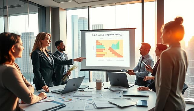 A vibrant office scene depicting a diverse team of professionals engaged in a collaborative strategy session to develop a proactive mitigation strategy. In the foreground, a focused woman in business attire points at a digital projection of a risk assessment chart, her colleagues, two men and another woman, attentively taking notes. In the middle, a large, round table cluttered with charts, laptops, and brainstorming materials. The background features floor-to-ceiling windows showcasing a modern city skyline, natural light flooding the room. The atmosphere is dynamic and engaging, emphasizing teamwork and proactive planning. The focus is on clear communication and strategic thinking, captured with a wide-angle lens for depth. Soft, warm lighting adds a sense of optimism and productivity. A vibrant office scene depicting a diverse team of professionals engaged in a collaborative strategy session to develop a proactive mitigation strategy. In the foreground, a focused woman in business attire points at a digital projection of a risk assessment chart, her colleagues, two men and another woman, attentively taking notes. In the middle, a large, round table cluttered with charts, laptops, and brainstorming materials. The background features floor-to-ceiling windows showcasing a modern city skyline, natural light flooding the room. The atmosphere is dynamic and engaging, emphasizing teamwork and proactive planning. The focus is on clear communication and strategic thinking, captured with a wide-angle lens for depth. Soft, warm lighting adds a sense of optimism and productivity.