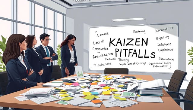 A visually compelling illustration representing "Kaizen Pitfalls" in a professional context. In the foreground, visualize a diverse team of three business professionals, dressed in business attire, engaged in a discussion around a cluttered meeting table filled with papers, charts, and sticky notes symbolizing confusion. In the middle ground, show a large whiteboard with key phrases like "Lack of Communication," "Resistance to Change," and "Inadequate Training" written in a chaotic manner. The background features a modern office environment with large windows letting in soft, natural light, casting gentle shadows, enhancing an atmosphere of reflection and learning. The overall mood feels introspective yet focused, capturing the essence of overcoming obstacles in continuous improvement initiatives. A visually compelling illustration representing "Kaizen Pitfalls" in a professional context. In the foreground, visualize a diverse team of three business professionals, dressed in business attire, engaged in a discussion around a cluttered meeting table filled with papers, charts, and sticky notes symbolizing confusion. In the middle ground, show a large whiteboard with key phrases like "Lack of Communication," "Resistance to Change," and "Inadequate Training" written in a chaotic manner. The background features a modern office environment with large windows letting in soft, natural light, casting gentle shadows, enhancing an atmosphere of reflection and learning. The overall mood feels introspective yet focused, capturing the essence of overcoming obstacles in continuous improvement initiatives.