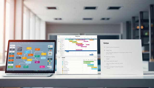 An array of diverse workflow mapping tools displayed in a visually appealing comparison layout. In the foreground, a vibrant flowchart tool interface with colorful icons and arrows representing processes, alongside a Kanban board with task cards in various colors. In the middle, a Gantt chart depicting timelines and milestones, contrasted with a simple list of steps, highlighting different mapping techniques. The background features soft, diffused lighting, creating a professional atmosphere. A sleek, modern office space is subtly visible, suggesting a collaborative environment. The composition captures a sense of organization and clarity, inviting viewers to explore the effectiveness of each tool for process mapping. The overall mood is focused and inspiring, ideal for understanding workflow optimization. An array of diverse workflow mapping tools displayed in a visually appealing comparison layout. In the foreground, a vibrant flowchart tool interface with colorful icons and arrows representing processes, alongside a Kanban board with task cards in various colors. In the middle, a Gantt chart depicting timelines and milestones, contrasted with a simple list of steps, highlighting different mapping techniques. The background features soft, diffused lighting, creating a professional atmosphere. A sleek, modern office space is subtly visible, suggesting a collaborative environment. The composition captures a sense of organization and clarity, inviting viewers to explore the effectiveness of each tool for process mapping. The overall mood is focused and inspiring, ideal for understanding workflow optimization.