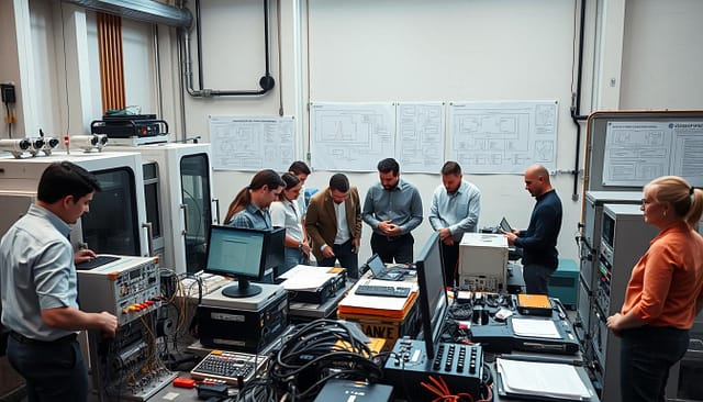 An industrial setting showcasing a FAT/SAT testing process for custom machine design. In the foreground, a diverse group of professionals in smart casual attire focused on a complex testing setup, featuring various machines, monitors, and documentation spread out around them. In the middle, detailed visuals of test equipment, cables, and precise measurement instruments. The background reveals a large window with natural light flooding in, highlighting charts and flow diagrams pinned on a wall that illustrate acceptance criteria and documentation processes. The overall atmosphere is collaborative and dynamic, emphasizing meticulous planning and technical efficiency. Use soft, even lighting to create a professional ambiance, shot from an angle that captures both the intensity of the testing process and the engagement of the team. An industrial setting showcasing a FAT/SAT testing process for custom machine design. In the foreground, a diverse group of professionals in smart casual attire focused on a complex testing setup, featuring various machines, monitors, and documentation spread out around them. In the middle, detailed visuals of test equipment, cables, and precise measurement instruments. The background reveals a large window with natural light flooding in, highlighting charts and flow diagrams pinned on a wall that illustrate acceptance criteria and documentation processes. The overall atmosphere is collaborative and dynamic, emphasizing meticulous planning and technical efficiency. Use soft, even lighting to create a professional ambiance, shot from an angle that captures both the intensity of the testing process and the engagement of the team.