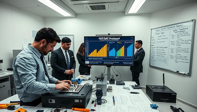 A clean, modern workspace featuring a diverse team of professionals in business attire engaged in prototyping and testing equipment. In the foreground, one person is examining a prototype device on a workstation littered with technical diagrams, tools, and measurement devices. The middle ground shows a large monitor displaying graphical data for a FAT/SAT protocol analysis, with charts highlighting sample sizes and defect taxonomies. The background features a whiteboard filled with notes on NCR handling and visuals of defect categories. The lighting is bright and focused, giving a sense of clarity and productivity. The overall mood is one of professionalism and collaboration, emphasizing the meticulous nature of validation processes in a high-tech environment. A clean, modern workspace featuring a diverse team of professionals in business attire engaged in prototyping and testing equipment. In the foreground, one person is examining a prototype device on a workstation littered with technical diagrams, tools, and measurement devices. The middle ground shows a large monitor displaying graphical data for a FAT/SAT protocol analysis, with charts highlighting sample sizes and defect taxonomies. The background features a whiteboard filled with notes on NCR handling and visuals of defect categories. The lighting is bright and focused, giving a sense of clarity and productivity. The overall mood is one of professionalism and collaboration, emphasizing the meticulous nature of validation processes in a high-tech environment.
