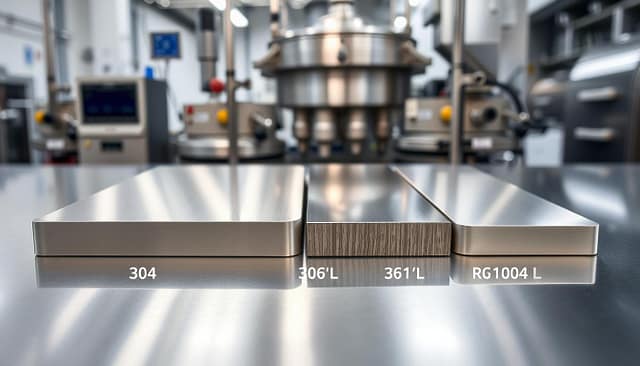A close-up comparison of various stainless steel surface finishes, emphasizing the differences in surface roughness (Ra values) and hygienic qualities suitable for FDA compliance (21 CFR). Foreground showcases polished 304 and 316L stainless steel samples, with varying Ra finishes, arranged in a clean laboratory setting. The middle ground focuses on detailed reflections and textures, highlighting the smoothness and sheen of the metals, while soft lighting emphasizes their metallic quality. In the background, blurred elements of biotechnology or food processing machinery hint at the industrial context. The atmosphere conveys a sense of precision and cleanliness, ideal for an article on hygienic machine design. A close-up comparison of various stainless steel surface finishes, emphasizing the differences in surface roughness (Ra values) and hygienic qualities suitable for FDA compliance (21 CFR). Foreground showcases polished 304 and 316L stainless steel samples, with varying Ra finishes, arranged in a clean laboratory setting. The middle ground focuses on detailed reflections and textures, highlighting the smoothness and sheen of the metals, while soft lighting emphasizes their metallic quality. In the background, blurred elements of biotechnology or food processing machinery hint at the industrial context. The atmosphere conveys a sense of precision and cleanliness, ideal for an article on hygienic machine design.