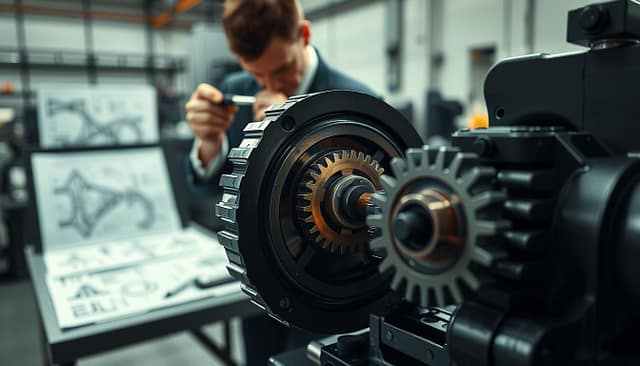 A close-up view of a mechanical gearbox selection process, highlighting the intricate components used for inertia matching. In the foreground, showcase a detailed gearbox assembly with various gears interlocking, illuminated by soft, focused lighting to emphasize texture and precision engineering. The middle ground features an engineer adjusting the gearbox settings with tools, dressed in professional business attire, concentrating on the task at hand. In the background, a blurred workshop with machinery and technical diagrams on a table adds depth, creating an environment of innovation. The overall mood is technical and industrious, capturing the essence of precision mechanics in motion control and servo applications. The image should evoke a sense of professionalism and expertise in mechanical engineering. A close-up view of a mechanical gearbox selection process, highlighting the intricate components used for inertia matching. In the foreground, showcase a detailed gearbox assembly with various gears interlocking, illuminated by soft, focused lighting to emphasize texture and precision engineering. The middle ground features an engineer adjusting the gearbox settings with tools, dressed in professional business attire, concentrating on the task at hand. In the background, a blurred workshop with machinery and technical diagrams on a table adds depth, creating an environment of innovation. The overall mood is technical and industrious, capturing the essence of precision mechanics in motion control and servo applications. The image should evoke a sense of professionalism and expertise in mechanical engineering.