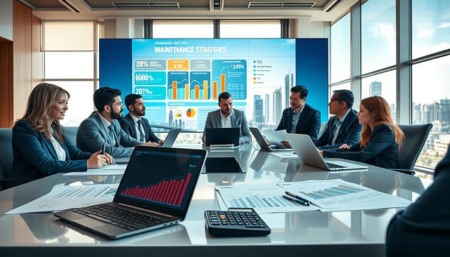 A detailed analysis workspace depicting engineering maintenance cost savings. In the foreground, a sleek conference table with laptops, graphs showcasing cost reductions, and a calculator. In the middle, a diverse group of professionals in business attire engaged in discussion, analyzing charts and data with focused expressions. The background features a large digital screen displaying a vibrant infographic on maintenance strategies, with a city skyline visible through large windows, symbolizing growth and success. The room is well-lit with natural sunlight streaming in, creating an optimistic atmosphere. The angle is slightly above eye level, providing a comprehensive view of the collaborative environment. A detailed analysis workspace depicting engineering maintenance cost savings. In the foreground, a sleek conference table with laptops, graphs showcasing cost reductions, and a calculator. In the middle, a diverse group of professionals in business attire engaged in discussion, analyzing charts and data with focused expressions. The background features a large digital screen displaying a vibrant infographic on maintenance strategies, with a city skyline visible through large windows, symbolizing growth and success. The room is well-lit with natural sunlight streaming in, creating an optimistic atmosphere. The angle is slightly above eye level, providing a comprehensive view of the collaborative environment.
