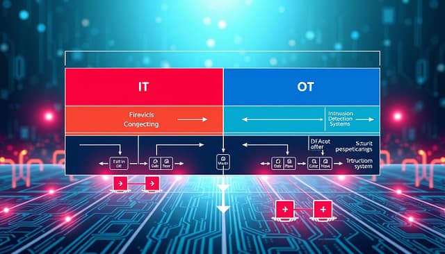 A detailed diagram illustrating OT cybersecurity zones and conduits, showcasing a layered architecture that includes distinct zones for IT and OT networks, represented through color-coded sections. The foreground features central conduits connecting these zones, marked with direction arrows and security protocols, emphasizing a data flow perspective. In the middle, incorporate elements like firewalls and intrusion detection systems, displayed in a sleek, modern style. The background should feature an abstract, digital landscape with faint circuit patterns and a cool color palette for a tech-savvy atmosphere. The lighting is bright yet subtle, highlighting the crucial components of each zone. The overall mood conveys security, professionalism, and advanced technology, suitable for a technical audience. The image must not contain any text, logos, or watermarks. A detailed diagram illustrating OT cybersecurity zones and conduits, showcasing a layered architecture that includes distinct zones for IT and OT networks, represented through color-coded sections. The foreground features central conduits connecting these zones, marked with direction arrows and security protocols, emphasizing a data flow perspective. In the middle, incorporate elements like firewalls and intrusion detection systems, displayed in a sleek, modern style. The background should feature an abstract, digital landscape with faint circuit patterns and a cool color palette for a tech-savvy atmosphere. The lighting is bright yet subtle, highlighting the crucial components of each zone. The overall mood conveys security, professionalism, and advanced technology, suitable for a technical audience. The image must not contain any text, logos, or watermarks.
