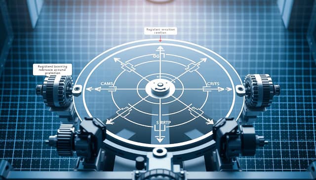 A detailed electronic camming and gearing diagram, showcasing multi-axis coordination. In the foreground, clearly illustrated mechanical components like gears, cams, and servo motors with precise labels. The middle layer features interconnecting lines and arrows demonstrating motion paths around a circular layout, emphasizing registration and alignment precision. In the background, a digital grid pattern enhances the technical atmosphere, bathed in soft blue and gray light for a high-tech feel. Use a perspective angle that highlights depth, creating a sense of complexity and sophistication. The overall mood is professional and informative, aimed at conveying clarity and understanding of motion control systems without clutter or distractions. A detailed electronic camming and gearing diagram, showcasing multi-axis coordination. In the foreground, clearly illustrated mechanical components like gears, cams, and servo motors with precise labels. The middle layer features interconnecting lines and arrows demonstrating motion paths around a circular layout, emphasizing registration and alignment precision. In the background, a digital grid pattern enhances the technical atmosphere, bathed in soft blue and gray light for a high-tech feel. Use a perspective angle that highlights depth, creating a sense of complexity and sophistication. The overall mood is professional and informative, aimed at conveying clarity and understanding of motion control systems without clutter or distractions.