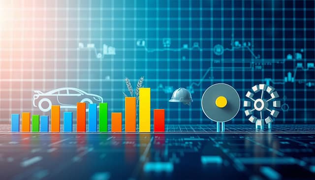 A detailed engineering analysis chart showcasing a comparative analysis of benefits across different sectors: automotive, food, mining, and textiles. In the foreground, include colorful bar graphs and pie charts representing data metrics like efficiency and cost savings. The middle section features icons symbolizing each industry, such as a car, wheat, a mining helmet, and a textile spool. The background should feature a subtle grid pattern, suggesting technical precision. Utilize soft blue and green lighting to create a professional and modern atmosphere, capturing the essence of innovation. The scene should be rendered with a 35mm lens effect for depth and clarity, maintaining a clean, high-tech aesthetic. No text, logo, or watermark should be included. A detailed engineering analysis chart showcasing a comparative analysis of benefits across different sectors: automotive, food, mining, and textiles. In the foreground, include colorful bar graphs and pie charts representing data metrics like efficiency and cost savings. The middle section features icons symbolizing each industry, such as a car, wheat, a mining helmet, and a textile spool. The background should feature a subtle grid pattern, suggesting technical precision. Utilize soft blue and green lighting to create a professional and modern atmosphere, capturing the essence of innovation. The scene should be rendered with a 35mm lens effect for depth and clarity, maintaining a clean, high-tech aesthetic. No text, logo, or watermark should be included.