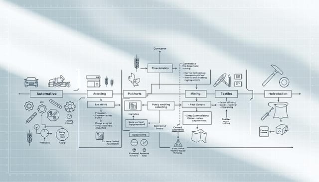 A detailed industrial regulations process safety management diagram, showcasing a structured layout divided into sections representing automotive, food processing, mining, and textile industries. In the foreground, include clear icons and symbols for each industry regulation, such as gears for automotive, wheat for food, pickaxes for mining, and fabric for textiles. The middle ground should feature flowcharts and checklists demonstrating compliance steps, interconnected with directional arrows in a coherent flow. The background should be a soft gradient, enhancing clarity and focus, with a subtle blueprint grid overlay to suggest technical precision. The atmosphere is professional and analytical, with natural lighting illuminating key elements, creating a sense of order and reliability in regulatory compliance. A detailed industrial regulations process safety management diagram, showcasing a structured layout divided into sections representing automotive, food processing, mining, and textile industries. In the foreground, include clear icons and symbols for each industry regulation, such as gears for automotive, wheat for food, pickaxes for mining, and fabric for textiles. The middle ground should feature flowcharts and checklists demonstrating compliance steps, interconnected with directional arrows in a coherent flow. The background should be a soft gradient, enhancing clarity and focus, with a subtle blueprint grid overlay to suggest technical precision. The atmosphere is professional and analytical, with natural lighting illuminating key elements, creating a sense of order and reliability in regulatory compliance.