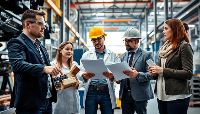 A diverse group of professional plant engineers engaged in discussions, showcasing various industries: automotive, food, mining, and textiles. In the foreground, a male automotive engineer in a dark blazer and safety goggles points at a vehicle component, while a female food engineer in a lab coat examines packaging materials. In the middle, a mining engineer in a hard hat reviews plans, and a textile engineer in business casual attire holds fabric samples. The background features industrial settings representative of their fields, with machinery and equipment subtly included. The lighting is bright and clear, simulating a well-lit conference room or plant setting. The mood is collaborative and focused, highlighting the professionalism and dedication of the engineers. The angle captures all four engineers in action, creating a sense of teamwork and innovation. A diverse group of professional plant engineers engaged in discussions, showcasing various industries: automotive, food, mining, and textiles. In the foreground, a male automotive engineer in a dark blazer and safety goggles points at a vehicle component, while a female food engineer in a lab coat examines packaging materials. In the middle, a mining engineer in a hard hat reviews plans, and a textile engineer in business casual attire holds fabric samples. The background features industrial settings representative of their fields, with machinery and equipment subtly included. The lighting is bright and clear, simulating a well-lit conference room or plant setting. The mood is collaborative and focused, highlighting the professionalism and dedication of the engineers. The angle captures all four engineers in action, creating a sense of teamwork and innovation.