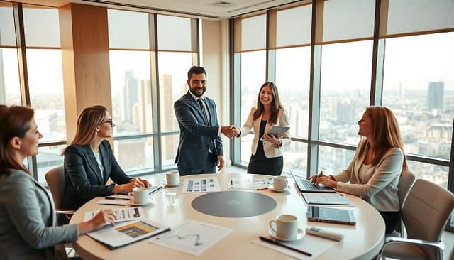 A dynamic and harmonious business meeting in an elegant conference room, showcasing professionals of diverse backgrounds in smart business attire, engaged in collaborative discussions. In the foreground, a round table filled with charts, coffee cups, and laptops symbolizes teamwork and mutual respect. In the middle ground, two individuals shake hands, representing the establishment of a win-win partnership, with smiles that convey trust and collaboration. The background features floor-to-ceiling windows, allowing natural light to flow in, creating an optimistic atmosphere with a city skyline. Soft, warm lighting casts a welcoming glow, enhancing the mood of unity and shared success. Use a wide-angle lens for a comprehensive view that captures the essence of partnership in action. A dynamic and harmonious business meeting in an elegant conference room, showcasing professionals of diverse backgrounds in smart business attire, engaged in collaborative discussions. In the foreground, a round table filled with charts, coffee cups, and laptops symbolizes teamwork and mutual respect. In the middle ground, two individuals shake hands, representing the establishment of a win-win partnership, with smiles that convey trust and collaboration. The background features floor-to-ceiling windows, allowing natural light to flow in, creating an optimistic atmosphere with a city skyline. Soft, warm lighting casts a welcoming glow, enhancing the mood of unity and shared success. Use a wide-angle lens for a comprehensive view that captures the essence of partnership in action.