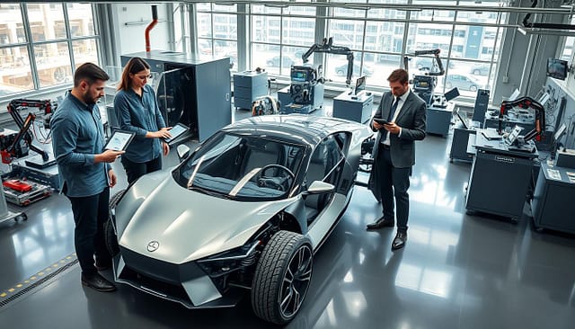 A dynamic automotive engineering workspace with a sleek, modern design. In the foreground, a team of engineers dressed in professional business attire examine a sophisticated prototype vehicle, using digital tablets to access blueprints and performance metrics. The middle ground features advanced machinery and tools, showcasing state-of-the-art robotics and high-tech diagnostics. In the background, large windows reveal a bustling research facility, illuminated by bright, natural light that enhances the innovative atmosphere. The overall mood is one of collaboration and efficiency, highlighting cutting-edge technology and tailored engineering solutions. The composition captures a high-angle view to emphasize the scale of innovation in the automotive field, with a focus on clarity and precision in every detail. A dynamic automotive engineering workspace with a sleek, modern design. In the foreground, a team of engineers dressed in professional business attire examine a sophisticated prototype vehicle, using digital tablets to access blueprints and performance metrics. The middle ground features advanced machinery and tools, showcasing state-of-the-art robotics and high-tech diagnostics. In the background, large windows reveal a bustling research facility, illuminated by bright, natural light that enhances the innovative atmosphere. The overall mood is one of collaboration and efficiency, highlighting cutting-edge technology and tailored engineering solutions. The composition captures a high-angle view to emphasize the scale of innovation in the automotive field, with a focus on clarity and precision in every detail.