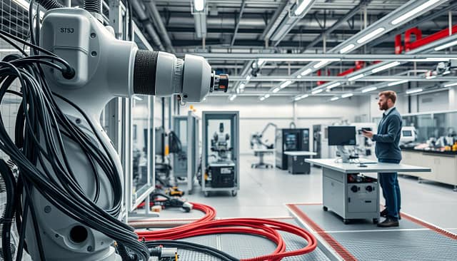 A high-tech robotics cell layout showcasing efficient cable management for utilities, with neatly organized wires, air conduits, and vacuum lines. In the foreground, a detailed view of the cable routing along a sleek robotic arm, emphasizing the integration of maintenance access points. The middle ground features a spacious layout of a robotics workstation, with various robotic machines prominently displayed. In the background, an industrial environment with soft overhead lighting, creating a polished, professional atmosphere. The scene should include a technician in professional attire inspecting the setup, ensuring a clear focus on safety and functionality. Shot from a low angle to emphasize the robots and furniture design, evoking a sense of innovation and precision. A high-tech robotics cell layout showcasing efficient cable management for utilities, with neatly organized wires, air conduits, and vacuum lines. In the foreground, a detailed view of the cable routing along a sleek robotic arm, emphasizing the integration of maintenance access points. The middle ground features a spacious layout of a robotics workstation, with various robotic machines prominently displayed. In the background, an industrial environment with soft overhead lighting, creating a polished, professional atmosphere. The scene should include a technician in professional attire inspecting the setup, ensuring a clear focus on safety and functionality. Shot from a low angle to emphasize the robots and furniture design, evoking a sense of innovation and precision.
