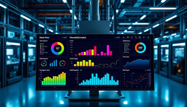 A modern OEE dashboard visualization showcasing real-time manufacturing data in a sleek, high-tech environment. In the foreground, vibrant graphs and charts display key performance indicators, including time efficiency and utilization metrics. The middle layer features a Pareto chart emphasizing the most significant factors impacting Overall Equipment Effectiveness, with colorful bars against a dark background for contrast. Shift reports are highlighted with dynamic time trends. The background reveals an industrial workspace with screens and machinery softly illuminated by cool, blue lighting, creating a focused, professional atmosphere. The viewpoint is from a slightly elevated angle, providing a comprehensive overview of the dashboard, emphasizing clarity and precision in data representation. A modern OEE dashboard visualization showcasing real-time manufacturing data in a sleek, high-tech environment. In the foreground, vibrant graphs and charts display key performance indicators, including time efficiency and utilization metrics. The middle layer features a Pareto chart emphasizing the most significant factors impacting Overall Equipment Effectiveness, with colorful bars against a dark background for contrast. Shift reports are highlighted with dynamic time trends. The background reveals an industrial workspace with screens and machinery softly illuminated by cool, blue lighting, creating a focused, professional atmosphere. The viewpoint is from a slightly elevated angle, providing a comprehensive overview of the dashboard, emphasizing clarity and precision in data representation.