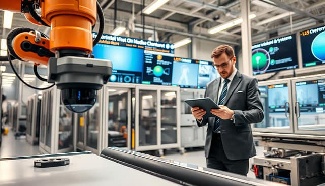 A modern factory floor dedicated to environmental control, showcasing advanced machine vision systems. In the foreground, a high-tech camera mounted on a robotic arm is actively inspecting products on a conveyor belt, illuminated by soft, diffused overhead lighting. In the middle ground, temperature and vibration sensors are strategically placed around the machinery, while a technician in professional business attire analyzes data on a tablet, ensuring optimal operations. The background features large screens displaying real-time monitoring of dust levels and glare mitigation systems. The atmosphere is focused and efficient, with a clean, organized space that emphasizes environmental protection and quality control. The perspective is slightly angled, enhancing the depth and technical details of the setup. A modern factory floor dedicated to environmental control, showcasing advanced machine vision systems. In the foreground, a high-tech camera mounted on a robotic arm is actively inspecting products on a conveyor belt, illuminated by soft, diffused overhead lighting. In the middle ground, temperature and vibration sensors are strategically placed around the machinery, while a technician in professional business attire analyzes data on a tablet, ensuring optimal operations. The background features large screens displaying real-time monitoring of dust levels and glare mitigation systems. The atmosphere is focused and efficient, with a clean, organized space that emphasizes environmental protection and quality control. The perspective is slightly angled, enhancing the depth and technical details of the setup.