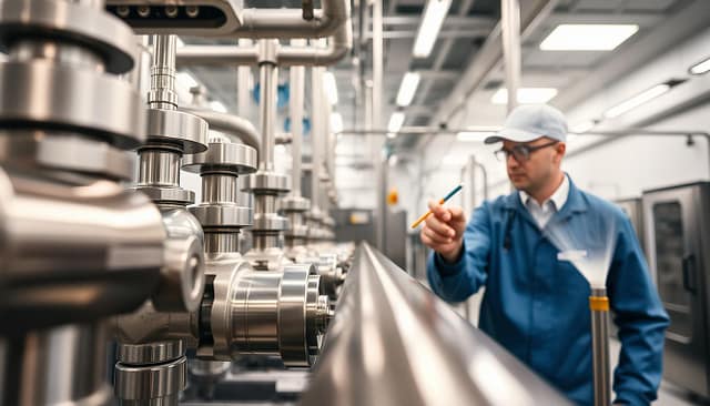 A modern, hygienic food processing facility showcasing EHEDG certification standards. In the foreground, a close-up of stainless steel pipes and valves, carefully designed with smooth surfaces and seamless welds to prevent contamination. The middle ground features a qualified technician in professional attire, inspecting the equipment with a validation swab in hand, emphasizing compliance with CIP/SIP protocols. Bright, white lighting highlights the pristine environment, reflecting safety and sterility. In the background, automated spray nozzles can be seen spraying a fine mist, indicating effective coverage for cleaning. The atmosphere exudes a sense of professionalism and meticulous attention to hygienic design, suitable for food and pharmaceutical applications. A modern, hygienic food processing facility showcasing EHEDG certification standards. In the foreground, a close-up of stainless steel pipes and valves, carefully designed with smooth surfaces and seamless welds to prevent contamination. The middle ground features a qualified technician in professional attire, inspecting the equipment with a validation swab in hand, emphasizing compliance with CIP/SIP protocols. Bright, white lighting highlights the pristine environment, reflecting safety and sterility. In the background, automated spray nozzles can be seen spraying a fine mist, indicating effective coverage for cleaning. The atmosphere exudes a sense of professionalism and meticulous attention to hygienic design, suitable for food and pharmaceutical applications.