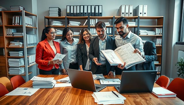 A professional compliance engineering documentation audit scene in a modern office environment. In the foreground, a diverse group of four engineers, in smart business attire, are reviewing an open binder filled with technical documents and compliance checklists. In the middle, a large wooden table is scattered with various audit materials, including a laptop displaying charts and graphs related to regulatory compliance. The background features shelves filled with organized binders and technical manuals, alongside a large window allowing natural light to illuminate the space. The atmosphere is focused and collaborative, with engineers deep in discussion, conveying the importance of accuracy and attention to detail in audits. The lighting is bright and inviting, emphasizing clarity and professionalism, shot at eye level to capture the dynamic between the team members. A professional compliance engineering documentation audit scene in a modern office environment. In the foreground, a diverse group of four engineers, in smart business attire, are reviewing an open binder filled with technical documents and compliance checklists. In the middle, a large wooden table is scattered with various audit materials, including a laptop displaying charts and graphs related to regulatory compliance. The background features shelves filled with organized binders and technical manuals, alongside a large window allowing natural light to illuminate the space. The atmosphere is focused and collaborative, with engineers deep in discussion, conveying the importance of accuracy and attention to detail in audits. The lighting is bright and inviting, emphasizing clarity and professionalism, shot at eye level to capture the dynamic between the team members.