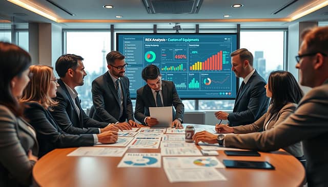 A professional conference room setting in the foreground, featuring a round table surrounded by diverse business professionals in business attire, analyzing charts and graphs depicting OEE scenarios. In the middle ground, a large screen displays a detailed risk analysis dashboard with colorful indicators and metrics related to operational efficiency. The background includes a large window showing a city skyline, symbolizing growth and opportunity. Soft overhead lighting creates a warm atmosphere, while a slight lens blur emphasizes the foreground subjects. The overall mood is collaborative and focused, reflecting strategic discussions on budgeting and ROI for custom equipment. The composition is wide-angle, drawing attention to both the individuals and the dynamic presentations. A professional conference room setting in the foreground, featuring a round table surrounded by diverse business professionals in business attire, analyzing charts and graphs depicting OEE scenarios. In the middle ground, a large screen displays a detailed risk analysis dashboard with colorful indicators and metrics related to operational efficiency. The background includes a large window showing a city skyline, symbolizing growth and opportunity. Soft overhead lighting creates a warm atmosphere, while a slight lens blur emphasizes the foreground subjects. The overall mood is collaborative and focused, reflecting strategic discussions on budgeting and ROI for custom equipment. The composition is wide-angle, drawing attention to both the individuals and the dynamic presentations.