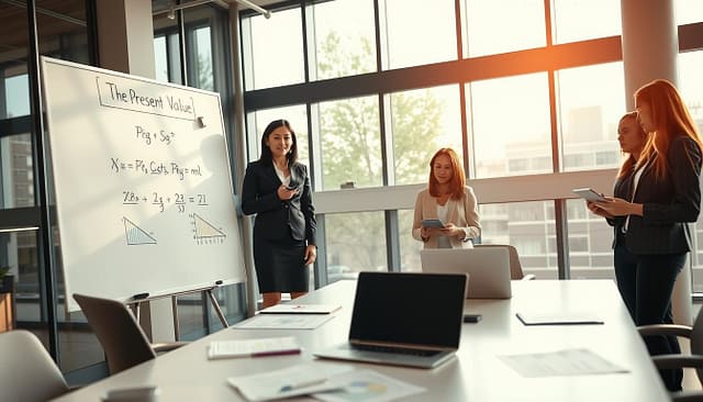 A professional workspace featuring a large whiteboard with the present value formula elegantly illustrated, showcasing financial equations and graphs. In the foreground, a confident businesswoman in professional attire stands beside the board, pointing at the formula with a pen, embodying leadership and expertise. To the side, a few colleagues attentively observe, taking notes on tablets, emphasizing collaboration and engagement. The middle ground includes a modern conference table with laptops, notebooks, and financial charts scattered around, highlighting a dynamic budgeting session. The background features large windows allowing natural light to fill the room, creating a bright and motivational atmosphere. Use warm lighting to enhance focus, with a slight depth of field effect to keep the attention on the formula and the professionals' expressions of interest. A professional workspace featuring a large whiteboard with the present value formula elegantly illustrated, showcasing financial equations and graphs. In the foreground, a confident businesswoman in professional attire stands beside the board, pointing at the formula with a pen, embodying leadership and expertise. To the side, a few colleagues attentively observe, taking notes on tablets, emphasizing collaboration and engagement. The middle ground includes a modern conference table with laptops, notebooks, and financial charts scattered around, highlighting a dynamic budgeting session. The background features large windows allowing natural light to fill the room, creating a bright and motivational atmosphere. Use warm lighting to enhance focus, with a slight depth of field effect to keep the attention on the formula and the professionals' expressions of interest.