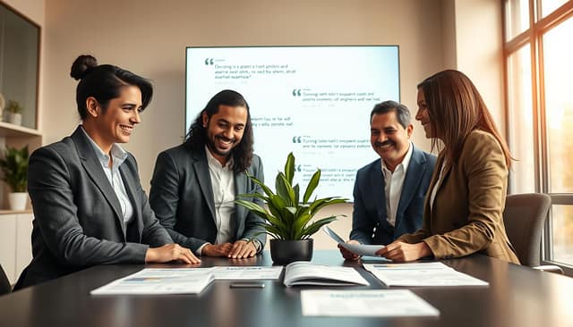 A warm, inviting office environment with a large window letting in soft, natural light. In the foreground, a diverse group of three plant engineers, all dressed in professional business attire, share genuine smiles as they look over printed testimonials laid out on a conference table. In the middle ground, a lush green plant adds a touch of nature to the scene while a digital display showcases a few key positive reviews from clients in the background. The overall mood is collaborative and trustworthy, symbolizing strong relationships built through shared experiences. The image is captured with a shallow depth of field to emphasize the engineers, with a soft-focus background enhancing a feeling of sincerity and warmth. A warm, inviting office environment with a large window letting in soft, natural light. In the foreground, a diverse group of three plant engineers, all dressed in professional business attire, share genuine smiles as they look over printed testimonials laid out on a conference table. In the middle ground, a lush green plant adds a touch of nature to the scene while a digital display showcases a few key positive reviews from clients in the background. The overall mood is collaborative and trustworthy, symbolizing strong relationships built through shared experiences. The image is captured with a shallow depth of field to emphasize the engineers, with a soft-focus background enhancing a feeling of sincerity and warmth.