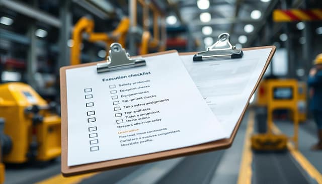A detailed execution checklist displayed prominently on a sturdy clipboards in an industrial plant setting. In the foreground, the checklist features neatly organized bullet points, with checkboxes alongside crucial tasks such as "Safety protocols," "Equipment checks," and "Team assignments." The middle section includes tools and machinery subtly blurred, hinting at an active production environment. In the background, industrial blueprints are visible, suggesting careful planning and execution. The lighting is bright and crisp, enhancing clarity, with a shallow depth of field focusing on the checklist. The atmosphere is professional and efficient, emphasizing the concept of actionable takeaways and precise project execution, avoiding any clutter or distractions in the image. A detailed execution checklist displayed prominently on a sturdy clipboards in an industrial plant setting. In the foreground, the checklist features neatly organized bullet points, with checkboxes alongside crucial tasks such as "Safety protocols," "Equipment checks," and "Team assignments." The middle section includes tools and machinery subtly blurred, hinting at an active production environment. In the background, industrial blueprints are visible, suggesting careful planning and execution. The lighting is bright and crisp, enhancing clarity, with a shallow depth of field focusing on the checklist. The atmosphere is professional and efficient, emphasizing the concept of actionable takeaways and precise project execution, avoiding any clutter or distractions in the image.