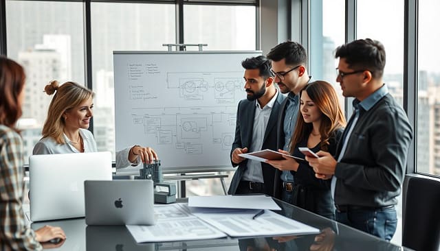 A diverse group of five professionals engaged in an integrated engineering team collaboration, set in a modern office environment. In the foreground, a middle-aged woman in business attire is pointing at a 3D model on a laptop, while a young man in smart casual clothing takes notes. The middle layer features a large whiteboard filled with complex diagrams and project timelines, enhancing the collaborative atmosphere. In the background, large windows let in natural light, illuminating the workspace and providing a view of a bustling cityscape. The mood is focused and dynamic, reflecting teamwork and innovation. The scene captures the essence of overcoming challenges in multidisciplinary engineering projects, with an emphasis on collaboration and strategy. A diverse group of five professionals engaged in an integrated engineering team collaboration, set in a modern office environment. In the foreground, a middle-aged woman in business attire is pointing at a 3D model on a laptop, while a young man in smart casual clothing takes notes. The middle layer features a large whiteboard filled with complex diagrams and project timelines, enhancing the collaborative atmosphere. In the background, large windows let in natural light, illuminating the workspace and providing a view of a bustling cityscape. The mood is focused and dynamic, reflecting teamwork and innovation. The scene captures the essence of overcoming challenges in multidisciplinary engineering projects, with an emphasis on collaboration and strategy.
