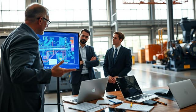 A focused scene of a technical consultant discussing a plant upgrade with an engineering team inside a modern industrial facility. In the foreground, a consultant in professional business attire gestures towards a digital blueprint displayed on a screen, showcasing optimized production lines and machinery layouts in vibrant colors. In the middle, the engineering team, also dressed in professional attire, intently studies the plans, with notes and laptops scattered on a nearby table. The background displays large factory windows allowing natural light to flood in, illuminating the high-tech equipment and streamlined machinery. The atmosphere is one of collaboration and innovation, reflecting a bright future for plant engineering through expert consultation. Capture this with a dynamic angle, emphasizing both the team and the details of the digital plans. A focused scene of a technical consultant discussing a plant upgrade with an engineering team inside a modern industrial facility. In the foreground, a consultant in professional business attire gestures towards a digital blueprint displayed on a screen, showcasing optimized production lines and machinery layouts in vibrant colors. In the middle, the engineering team, also dressed in professional attire, intently studies the plans, with notes and laptops scattered on a nearby table. The background displays large factory windows allowing natural light to flood in, illuminating the high-tech equipment and streamlined machinery. The atmosphere is one of collaboration and innovation, reflecting a bright future for plant engineering through expert consultation. Capture this with a dynamic angle, emphasizing both the team and the details of the digital plans.