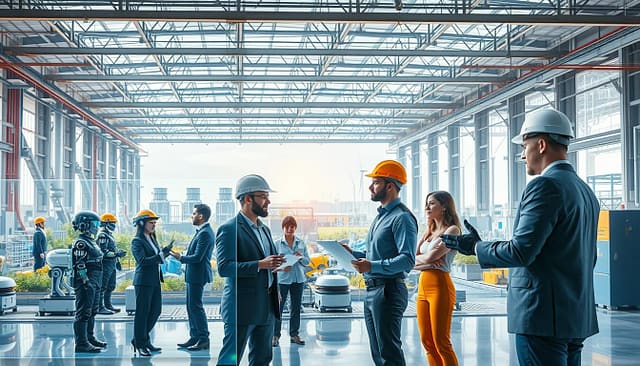 A futuristic industrial setting showcasing innovation in engineering trends. In the foreground, a diverse group of professionals in business attire interact with advanced holographic displays and blueprints, analyzing data and brainstorming ideas. In the middle ground, sleek, automated machinery and robots work seamlessly alongside human engineers, symbolizing collaboration between technology and human expertise. The background features a sleek, ultra-modern plant facility with green spaces, solar panels, and wind turbines, representing sustainability. Bright, natural lighting floods the scene, creating a vibrant and optimistic atmosphere. The lens captures the scene from a slightly elevated angle, emphasizing the harmony between innovation and industry, while evoking a sense of progress and forward-thinking. A futuristic industrial setting showcasing innovation in engineering trends. In the foreground, a diverse group of professionals in business attire interact with advanced holographic displays and blueprints, analyzing data and brainstorming ideas. In the middle ground, sleek, automated machinery and robots work seamlessly alongside human engineers, symbolizing collaboration between technology and human expertise. The background features a sleek, ultra-modern plant facility with green spaces, solar panels, and wind turbines, representing sustainability. Bright, natural lighting floods the scene, creating a vibrant and optimistic atmosphere. The lens captures the scene from a slightly elevated angle, emphasizing the harmony between innovation and industry, while evoking a sense of progress and forward-thinking.