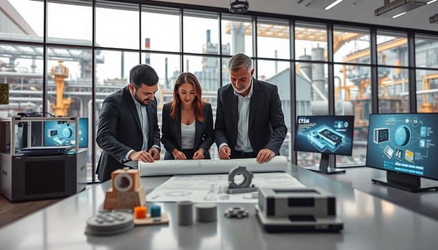 A modern engineering consulting office setting, with an emphasis on technical innovation. In the foreground, a diverse group of three professional engineers, one male and two female, are collaborating over blueprints and digital models on a sleek table, dressed in business attire. In the middle ground, advanced technology like 3D printers and large screens displaying technical data and project schematics highlight the innovative work being done. The background features an expansive window showcasing a bustling industrial plant, symbolizing real-world applications of their engineering solutions. Soft, focused lighting illuminates the space, creating a productive atmosphere. The angle of the image suggests depth, inviting the viewer into this dynamic scene of collaboration and innovation. A modern engineering consulting office setting, with an emphasis on technical innovation. In the foreground, a diverse group of three professional engineers, one male and two female, are collaborating over blueprints and digital models on a sleek table, dressed in business attire. In the middle ground, advanced technology like 3D printers and large screens displaying technical data and project schematics highlight the innovative work being done. The background features an expansive window showcasing a bustling industrial plant, symbolizing real-world applications of their engineering solutions. Soft, focused lighting illuminates the space, creating a productive atmosphere. The angle of the image suggests depth, inviting the viewer into this dynamic scene of collaboration and innovation.
