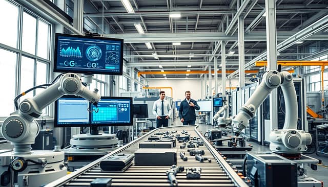 A modern, high-tech industrial plant interior showcasing automation systems for enhanced efficiency. In the foreground, robotic arms are skillfully assembling parts on a conveyor belt, illuminated by bright, natural light coming from large windows. The middle ground features advanced control panels with screens displaying data analytics and productivity metrics, while a team of engineers in professional attire closely monitors the operations. The background presents a clean, organized plant environment with machinery and automated equipment, creating a sense of innovation. The mood is dynamic and forward-looking, emphasizing the fusion of technology and industry. The image is crisp and vibrant, captured with a slight wide-angle lens to emphasize depth and activity within the space. A modern, high-tech industrial plant interior showcasing automation systems for enhanced efficiency. In the foreground, robotic arms are skillfully assembling parts on a conveyor belt, illuminated by bright, natural light coming from large windows. The middle ground features advanced control panels with screens displaying data analytics and productivity metrics, while a team of engineers in professional attire closely monitors the operations. The background presents a clean, organized plant environment with machinery and automated equipment, creating a sense of innovation. The mood is dynamic and forward-looking, emphasizing the fusion of technology and industry. The image is crisp and vibrant, captured with a slight wide-angle lens to emphasize depth and activity within the space.