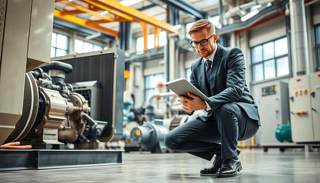 A modern industrial setting showcasing a professional engineer in business attire inspecting machinery during a preventive maintenance service. In the foreground, the engineer is crouching beside a large, high-tech generator, analyzing a maintenance checklist on a tablet. In the middle ground, various industrial equipment like pumps and control panels are visible, with labeled components clearly depicted. The background features a clean, well-organized plant environment with bright, natural lighting filtering through large windows, enhancing the clarity of the scene. The atmosphere conveys diligence and attention to detail, emphasizing a proactive approach to machine upkeep. The angle captures both the engineer's focused expression and the intricate details of the machinery, highlighting the importance of after-sales service in maintaining operational efficiency. A modern industrial setting showcasing a professional engineer in business attire inspecting machinery during a preventive maintenance service. In the foreground, the engineer is crouching beside a large, high-tech generator, analyzing a maintenance checklist on a tablet. In the middle ground, various industrial equipment like pumps and control panels are visible, with labeled components clearly depicted. The background features a clean, well-organized plant environment with bright, natural lighting filtering through large windows, enhancing the clarity of the scene. The atmosphere conveys diligence and attention to detail, emphasizing a proactive approach to machine upkeep. The angle captures both the engineer's focused expression and the intricate details of the machinery, highlighting the importance of after-sales service in maintaining operational efficiency.