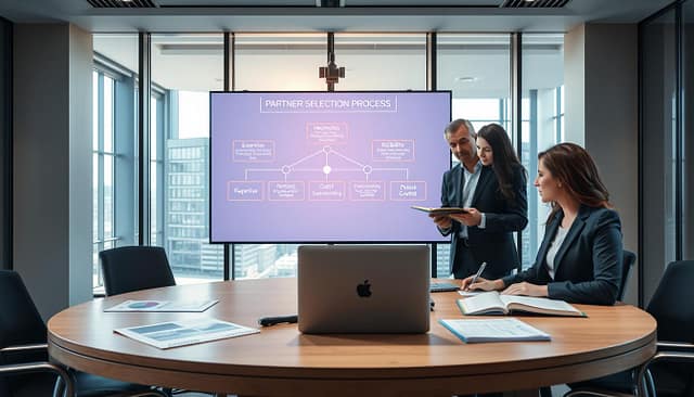 A modern office conference room, with a round table at the center. In the foreground, two professional business people, a man and a woman, engaging in a discussion, both dressed in smart suits. They both have notebooks and a laptop open, showcasing charts and graphs related to technical consulting. The middle ground features a large digital screen displaying a flowchart of the partner selection process, emphasizing key criteria like expertise, reliability, and cost-effectiveness. In the background, floor-to-ceiling windows let in natural light, casting a warm glow across the room. The atmosphere is focused and collaborative, conveying a sense of expertise and strategic decision-making. Use soft lighting to enhance the professionalism and clarity of the scene. A modern office conference room, with a round table at the center. In the foreground, two professional business people, a man and a woman, engaging in a discussion, both dressed in smart suits. They both have notebooks and a laptop open, showcasing charts and graphs related to technical consulting. The middle ground features a large digital screen displaying a flowchart of the partner selection process, emphasizing key criteria like expertise, reliability, and cost-effectiveness. In the background, floor-to-ceiling windows let in natural light, casting a warm glow across the room. The atmosphere is focused and collaborative, conveying a sense of expertise and strategic decision-making. Use soft lighting to enhance the professionalism and clarity of the scene.
