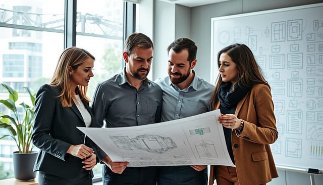 A multidisciplinary engineering team collaborates in a modern, well-lit office space, showcasing integration across mechanical, electrical, and controls engineering. In the foreground, three engineers, two women and one man, are deep in discussion, with detailed blueprints and digital screens depicting complex diagrams between them. The woman on the left is wearing a smart business suit, the man in the center has a fashionable casual shirt, and the woman on the right is in a smart-casual outfit, all conveying professionalism. The background features large windows with a cityscape view, filled with greenery, and a large whiteboard filled with engineering notes and sketches. The atmosphere is focused yet collaborative, illuminated by soft, natural lighting, captured from a slightly elevated angle to emphasize teamwork and innovation. A multidisciplinary engineering team collaborates in a modern, well-lit office space, showcasing integration across mechanical, electrical, and controls engineering. In the foreground, three engineers, two women and one man, are deep in discussion, with detailed blueprints and digital screens depicting complex diagrams between them. The woman on the left is wearing a smart business suit, the man in the center has a fashionable casual shirt, and the woman on the right is in a smart-casual outfit, all conveying professionalism. The background features large windows with a cityscape view, filled with greenery, and a large whiteboard filled with engineering notes and sketches. The atmosphere is focused yet collaborative, illuminated by soft, natural lighting, captured from a slightly elevated angle to emphasize teamwork and innovation.