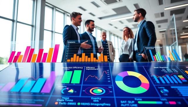 A sleek and modern KPI dashboard displaying various efficiency improvement metrics, presented in vibrant colors. The foreground features digital graphs and charts with bars, line graphs, and pie charts, showcasing indicators like production efficiency, downtime analysis, and energy consumption levels. In the middle ground, a professional team of business analysts, dressed in smart casual attire, is engaged in discussion around the dashboard. The background illustrates a bright office environment with large windows letting in natural light, casting soft shadows on the polished surfaces. The mood is focused and energetic, emphasizing a commitment to data-driven decisions. The overall angle captures the collaborative atmosphere, ensuring clarity and professionalism without any text or distractions. A sleek and modern KPI dashboard displaying various efficiency improvement metrics, presented in vibrant colors. The foreground features digital graphs and charts with bars, line graphs, and pie charts, showcasing indicators like production efficiency, downtime analysis, and energy consumption levels. In the middle ground, a professional team of business analysts, dressed in smart casual attire, is engaged in discussion around the dashboard. The background illustrates a bright office environment with large windows letting in natural light, casting soft shadows on the polished surfaces. The mood is focused and energetic, emphasizing a commitment to data-driven decisions. The overall angle captures the collaborative atmosphere, ensuring clarity and professionalism without any text or distractions.