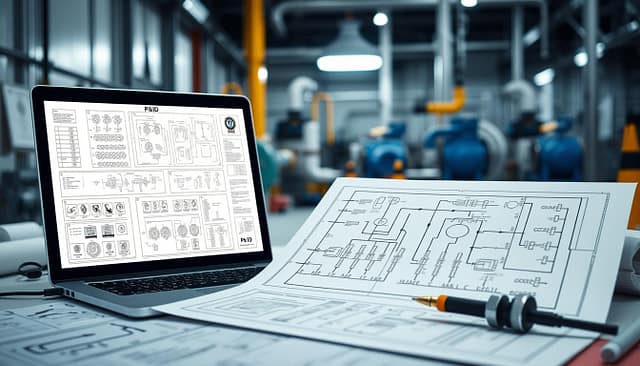 A detailed P&ID verification diagram showcasing various components such as pumps, valves, and sensors in a clean, technical style. In the foreground, a well-organized workspace with blueprints and a laptop displaying the diagram. In the middle, the P&ID layout meticulously presented, highlighting specific sections for verification, with arrows and labels indicating key elements. In the background, a soft-focus industrial setting with blurred machinery and a bright overhead light illuminating the workspace, creating a professional atmosphere. The scene should convey a sense of precision and safety, evoking a mood of diligence and thoroughness in technical installation processes. A detailed P&ID verification diagram showcasing various components such as pumps, valves, and sensors in a clean, technical style. In the foreground, a well-organized workspace with blueprints and a laptop displaying the diagram. In the middle, the P&ID layout meticulously presented, highlighting specific sections for verification, with arrows and labels indicating key elements. In the background, a soft-focus industrial setting with blurred machinery and a bright overhead light illuminating the workspace, creating a professional atmosphere. The scene should convey a sense of precision and safety, evoking a mood of diligence and thoroughness in technical installation processes.
