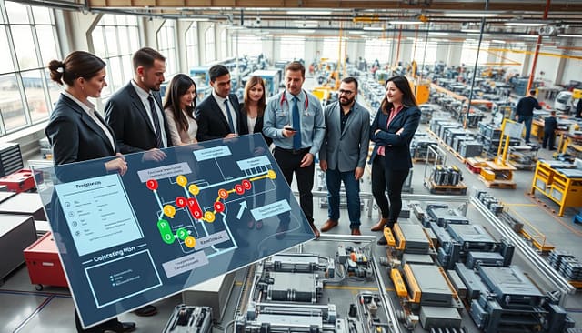 A detailed and visually engaging scene illustrating a "bottleneck mapping strategy" in a manufacturing setting. In the foreground, a diverse group of professionals in business attire, including a project manager and engineers, gather around a digital display mapping production flow with colored markers indicating bottlenecks. In the middle ground, a modern factory layout showcases machinery and assembly lines, with specific areas highlighted to illustrate congestion and efficiency challenges. The background features large windows allowing natural light to flood the space, creating a bright, motivating atmosphere. The angle is slightly elevated, capturing both the group’s interactions and the strategic layout of the factory. The overall mood is collaborative and focused, emphasizing teamwork and problem-solving to enhance operational efficiency. A detailed and visually engaging scene illustrating a "bottleneck mapping strategy" in a manufacturing setting. In the foreground, a diverse group of professionals in business attire, including a project manager and engineers, gather around a digital display mapping production flow with colored markers indicating bottlenecks. In the middle ground, a modern factory layout showcases machinery and assembly lines, with specific areas highlighted to illustrate congestion and efficiency challenges. The background features large windows allowing natural light to flood the space, creating a bright, motivating atmosphere. The angle is slightly elevated, capturing both the group’s interactions and the strategic layout of the factory. The overall mood is collaborative and focused, emphasizing teamwork and problem-solving to enhance operational efficiency.