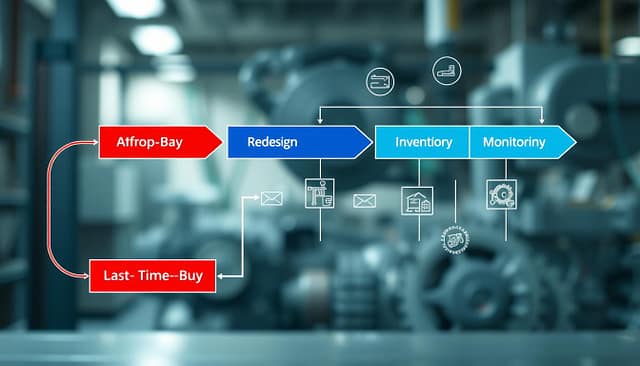 A detailed flowchart illustrating the obsolescence management process, featuring distinct stages such as 'Last-Time-Buy', 'Redesign Plans', and 'Inventory Monitoring'. The flowchart should prominently display arrows connecting each stage, symbolizing the progression and flow of information. In the foreground, emphasize vibrant colors, with the 'Last-Time-Buy' section highlighted in bold red, while the 'Redesign Plans' area uses a calming blue. In the middle ground, include icons representing spare parts and machinery, designed in a sleek, modern style. The background should be a soft gradient, evoking a professional atmosphere, with subtle gears and technical illustrations faintly visible to suggest machinery. The lighting is bright yet soft, enhancing clarity without harsh shadows. The overall mood is focused and industrious, appropriate for a technical analysis. A detailed flowchart illustrating the obsolescence management process, featuring distinct stages such as 'Last-Time-Buy', 'Redesign Plans', and 'Inventory Monitoring'. The flowchart should prominently display arrows connecting each stage, symbolizing the progression and flow of information. In the foreground, emphasize vibrant colors, with the 'Last-Time-Buy' section highlighted in bold red, while the 'Redesign Plans' area uses a calming blue. In the middle ground, include icons representing spare parts and machinery, designed in a sleek, modern style. The background should be a soft gradient, evoking a professional atmosphere, with subtle gears and technical illustrations faintly visible to suggest machinery. The lighting is bright yet soft, enhancing clarity without harsh shadows. The overall mood is focused and industrious, appropriate for a technical analysis.