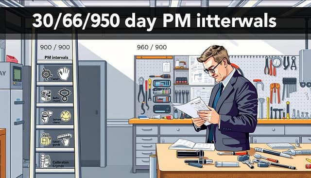 A detailed illustration of a "30/60/90-day PM intervals ladder" designed specifically for preventive maintenance tasks. The foreground showcases a ladder with three distinct sections, each labeled to represent the 30, 60, and 90-day intervals. Each section has visual icons depicting tasks like inspecting fasteners, belts, chains, sensors, guards, and calibration tools. In the middle ground, a technician in professional business attire inspects the ladder, examining an equipment diagram. The background includes a clean, organized workshop environment with tools neatly arranged on a workbench, soft natural lighting enhancing the clarity of the tasks illustrated. The overall mood is focused and industrious, emphasizing the importance of preventive maintenance in custom equipment. A detailed illustration of a "30/60/90-day PM intervals ladder" designed specifically for preventive maintenance tasks. The foreground showcases a ladder with three distinct sections, each labeled to represent the 30, 60, and 90-day intervals. Each section has visual icons depicting tasks like inspecting fasteners, belts, chains, sensors, guards, and calibration tools. In the middle ground, a technician in professional business attire inspects the ladder, examining an equipment diagram. The background includes a clean, organized workshop environment with tools neatly arranged on a workbench, soft natural lighting enhancing the clarity of the tasks illustrated. The overall mood is focused and industrious, emphasizing the importance of preventive maintenance in custom equipment.