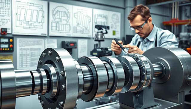 A detailed illustration of a mechanical coupling system displaying misalignment during a dynamic balancing process. In the foreground, showcase a close-up view of a coupling with visibly misaligned shafts, highlighting the gap and misalignment angles. The middle ground features a technician in professional attire, carefully adjusting the equipment using precision tools, embodying expertise and focus. In the background, a well-organized workshop filled with technical diagrams and balancing machines is visible, illuminated by soft, even lighting to enhance clarity. Capture an atmosphere of professionalism and technical skill, ensuring a clean, well-maintained environment that reflects the importance of precision in alignment and balancing. A detailed illustration of a mechanical coupling system displaying misalignment during a dynamic balancing process. In the foreground, showcase a close-up view of a coupling with visibly misaligned shafts, highlighting the gap and misalignment angles. The middle ground features a technician in professional attire, carefully adjusting the equipment using precision tools, embodying expertise and focus. In the background, a well-organized workshop filled with technical diagrams and balancing machines is visible, illuminated by soft, even lighting to enhance clarity. Capture an atmosphere of professionalism and technical skill, ensuring a clean, well-maintained environment that reflects the importance of precision in alignment and balancing.