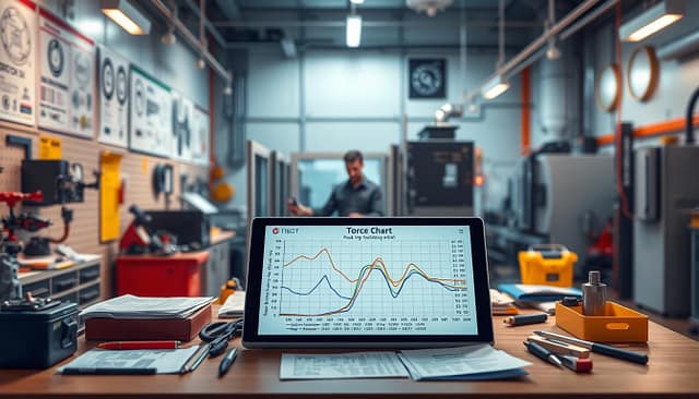 A detailed illustration of torque charts prominently displayed on a digital screen in a modern industrial workspace. In the foreground, a well-organized work desk laden with tools and technical papers, showcasing a detailed torque chart with colorful lines and numerical data. The middle layer features a slightly blurred technician in professional attire, intently analyzing the data. The walls are adorned with technical diagrams and safety certifications, enhancing the professional atmosphere. The background reveals advanced machinery and a soft, diffused light source illuminating the workspace. The mood is focused and practical, emphasizing the importance of accurate torque specifications in building standard operating procedures. A detailed illustration of torque charts prominently displayed on a digital screen in a modern industrial workspace. In the foreground, a well-organized work desk laden with tools and technical papers, showcasing a detailed torque chart with colorful lines and numerical data. The middle layer features a slightly blurred technician in professional attire, intently analyzing the data. The walls are adorned with technical diagrams and safety certifications, enhancing the professional atmosphere. The background reveals advanced machinery and a soft, diffused light source illuminating the workspace. The mood is focused and practical, emphasizing the importance of accurate torque specifications in building standard operating procedures.