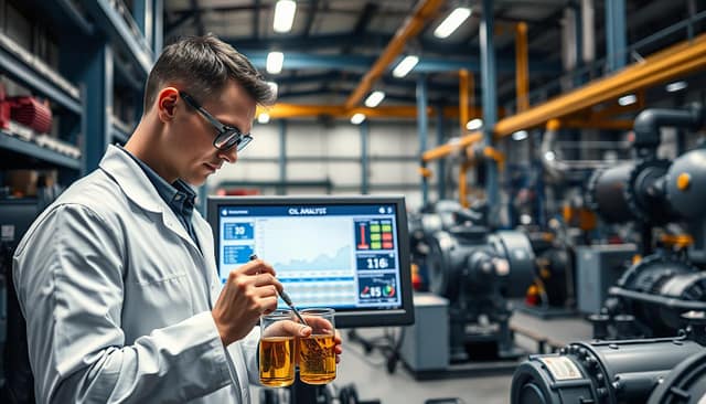 A detailed industrial setting showcasing oil analysis and motor circuit analysis for predictive maintenance. In the foreground, a modern technician in a clean, professional outfit inspects oil samples with precision tools, highlighting the importance of oil analysis for gearboxes and hydraulics. The middle ground features a control panel displaying high-tech motor diagnostics and MCSA data, illuminating numerical graphs and performance metrics. In the background, large machinery and hydraulic systems are visible in an organized workshop, with soft, diffused lighting creating a focused yet welcoming atmosphere. The angle should be slightly elevated, capturing the comprehensive view of maintenance processes. The color palette should convey professionalism, with blues and grays predominating, symbolizing a high-tech, efficient environment. A detailed industrial setting showcasing oil analysis and motor circuit analysis for predictive maintenance. In the foreground, a modern technician in a clean, professional outfit inspects oil samples with precision tools, highlighting the importance of oil analysis for gearboxes and hydraulics. The middle ground features a control panel displaying high-tech motor diagnostics and MCSA data, illuminating numerical graphs and performance metrics. In the background, large machinery and hydraulic systems are visible in an organized workshop, with soft, diffused lighting creating a focused yet welcoming atmosphere. The angle should be slightly elevated, capturing the comprehensive view of maintenance processes. The color palette should convey professionalism, with blues and grays predominating, symbolizing a high-tech, efficient environment.