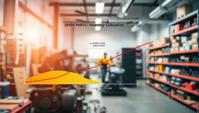 A detailed inventory calculation chart prominently displayed as the foreground element, illustrating min-max levels for spare parts in custom machines. The chart includes vibrant segments for consumption data, lead times, and safety stock calculations, with clear, contrasting colors and well-defined axes. In the middle ground, a blurred outline of a workshop environment, featuring tools and machinery to hint at the theme of spare parts. The background showcases a soft focus of a modern office setting with shelves of neatly organized spare parts, reinforcing the professional atmosphere. The overall lighting is bright and inviting, evoking a sense of clarity and efficiency. The composition is balanced, ensuring that no text or captions are present in the image. A detailed inventory calculation chart prominently displayed as the foreground element, illustrating min-max levels for spare parts in custom machines. The chart includes vibrant segments for consumption data, lead times, and safety stock calculations, with clear, contrasting colors and well-defined axes. In the middle ground, a blurred outline of a workshop environment, featuring tools and machinery to hint at the theme of spare parts. The background showcases a soft focus of a modern office setting with shelves of neatly organized spare parts, reinforcing the professional atmosphere. The overall lighting is bright and inviting, evoking a sense of clarity and efficiency. The composition is balanced, ensuring that no text or captions are present in the image.