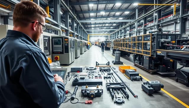 A detailed view of an industrial workspace showcasing retrofit options for equipment. In the foreground, a technician in professional attire inspects a large piece of machinery, focusing on modern control systems and safety enhancements. The middle ground features various components like upgraded control panels, safety guards, and enhanced capacity equipment laid out systematically. In the background, a well-lit assembly line illustrates the operational flow with minimal downtime considerations. The lighting is bright and industrial, with a sharp focus to highlight the intricate details of the equipment. The atmosphere conveys professionalism and efficiency, evoking a sense of innovation in industrial upgrades. A detailed view of an industrial workspace showcasing retrofit options for equipment. In the foreground, a technician in professional attire inspects a large piece of machinery, focusing on modern control systems and safety enhancements. The middle ground features various components like upgraded control panels, safety guards, and enhanced capacity equipment laid out systematically. In the background, a well-lit assembly line illustrates the operational flow with minimal downtime considerations. The lighting is bright and industrial, with a sharp focus to highlight the intricate details of the equipment. The atmosphere conveys professionalism and efficiency, evoking a sense of innovation in industrial upgrades.