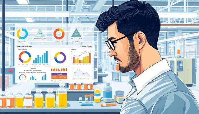 A detailed, visually engaging illustration depicting an industrial setting focused on lubricant selection KPIs. In the foreground, a professional in business attire examines a digital dashboard displaying metrics like lube-related failures and sample pass rates, with vivid graphs and charts. The middle section shows an organized workspace with lubricant samples neatly arranged, alongside various testing equipment. In the background, a clean, well-lit factory interior with advanced machinery, emphasizing a controlled environment for lubrication analysis. The lighting is bright and neutral, enhancing clarity and focus on the subject. The atmosphere is analytical and focused, embodying precision and attention to detail in lubrication management. A detailed, visually engaging illustration depicting an industrial setting focused on lubricant selection KPIs. In the foreground, a professional in business attire examines a digital dashboard displaying metrics like lube-related failures and sample pass rates, with vivid graphs and charts. The middle section shows an organized workspace with lubricant samples neatly arranged, alongside various testing equipment. In the background, a clean, well-lit factory interior with advanced machinery, emphasizing a controlled environment for lubrication analysis. The lighting is bright and neutral, enhancing clarity and focus on the subject. The atmosphere is analytical and focused, embodying precision and attention to detail in lubrication management.