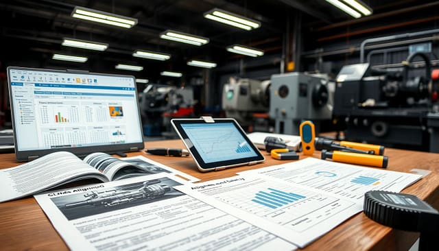 A detailed workspace scene showcasing CMMS documentation related to alignment and balancing procedures. In the foreground, an organized table features open technical documents alongside high-resolution photographs of machinery, highlighting as-found and as-left conditions. A digital tablet displays a CMMS interface, with clear graphs and schematics. The middle ground reveals tools for alignment and balancing, such as laser alignment tools and balancing weights, neatly arranged. The background includes a dimly lit machine shop with industrial equipment, illuminated by overhead LED lights creating a professional atmosphere. The overall mood is focused and technical, inviting viewers to explore precision maintenance practices in a clean, contemporary environment. A detailed workspace scene showcasing CMMS documentation related to alignment and balancing procedures. In the foreground, an organized table features open technical documents alongside high-resolution photographs of machinery, highlighting as-found and as-left conditions. A digital tablet displays a CMMS interface, with clear graphs and schematics. The middle ground reveals tools for alignment and balancing, such as laser alignment tools and balancing weights, neatly arranged. The background includes a dimly lit machine shop with industrial equipment, illuminated by overhead LED lights creating a professional atmosphere. The overall mood is focused and technical, inviting viewers to explore precision maintenance practices in a clean, contemporary environment.