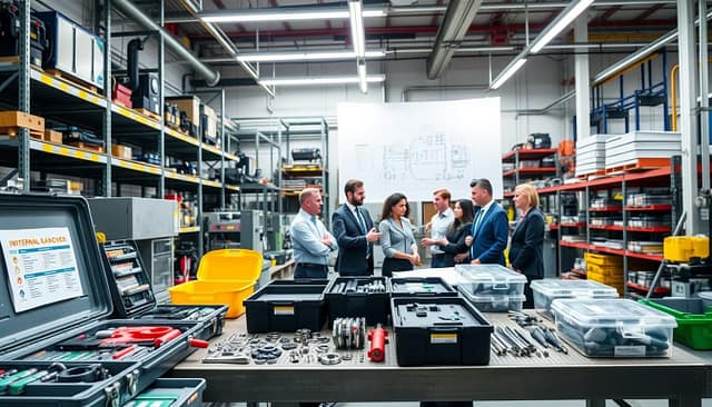 A dynamic quick changeover staging area within a modern manufacturing facility. In the foreground, clearly organized tool kits and parts are neatly arranged on a sturdy workbench, showcasing their labels and color-coded systems. In the middle ground, a diverse group of professionals in business attire collaborate, discussing their tasks while pointing at a blueprint of equipment setup. The background features industrial shelves filled with equipment and spare parts, illuminated by bright, overhead LED lights that cast a clean and efficient atmosphere. The scene is captured from a slightly elevated angle, providing an overview of the staging area's organization and functionality. The overall mood is focused and industrious, emphasizing the efficiency of separating internal vs external tasks. A dynamic quick changeover staging area within a modern manufacturing facility. In the foreground, clearly organized tool kits and parts are neatly arranged on a sturdy workbench, showcasing their labels and color-coded systems. In the middle ground, a diverse group of professionals in business attire collaborate, discussing their tasks while pointing at a blueprint of equipment setup. The background features industrial shelves filled with equipment and spare parts, illuminated by bright, overhead LED lights that cast a clean and efficient atmosphere. The scene is captured from a slightly elevated angle, providing an overview of the staging area's organization and functionality. The overall mood is focused and industrious, emphasizing the efficiency of separating internal vs external tasks.