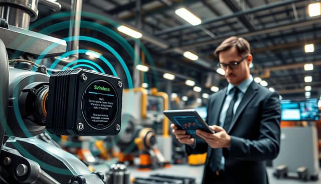 A futuristic environment showcasing advanced wireless and route-based predictive maintenance sensors. In the foreground, a smart sensor mounted on industrial machinery collects data, with signals emitted in vibrant blue and green waves indicating wireless communication. The middle ground features a technician in professional business attire, analyzing real-time alerts on a tablet, with graphs displaying vibration and thermal data. The background presents an expansive industrial facility with interconnected machinery and screens showing analytic dashboards. Soft, natural lighting illuminates the scene, emphasizing the sleek design of the sensors and tools. The atmosphere is one of innovation and efficiency, highlighting the importance of data ownership in modern maintenance strategies. A futuristic environment showcasing advanced wireless and route-based predictive maintenance sensors. In the foreground, a smart sensor mounted on industrial machinery collects data, with signals emitted in vibrant blue and green waves indicating wireless communication. The middle ground features a technician in professional business attire, analyzing real-time alerts on a tablet, with graphs displaying vibration and thermal data. The background presents an expansive industrial facility with interconnected machinery and screens showing analytic dashboards. Soft, natural lighting illuminates the scene, emphasizing the sleek design of the sensors and tools. The atmosphere is one of innovation and efficiency, highlighting the importance of data ownership in modern maintenance strategies.
