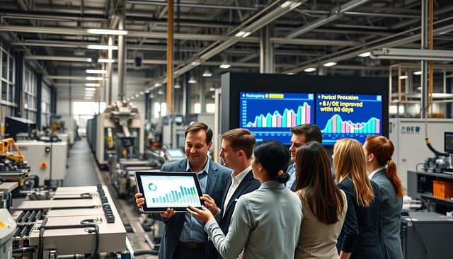 A high-tech manufacturing environment showcasing a detailed OEE improvement case study. In the foreground, a diverse group of professionals in business attire, engaged in discussion, analyzing graphs and charts on a digital tablet, representing real-time data. The middle ground features advanced machinery and production lines, clearly demonstrating enhanced efficiency and performance metrics. In the background, large screens display vibrant graphs indicating a +8–12% OEE improvement within 60 days, illuminated by soft, focused lighting that enhances clarity. The atmosphere is dynamic and collaborative, conveying a sense of achievement and forward momentum in operational excellence, captured from a slightly elevated angle for a comprehensive view. A high-tech manufacturing environment showcasing a detailed OEE improvement case study. In the foreground, a diverse group of professionals in business attire, engaged in discussion, analyzing graphs and charts on a digital tablet, representing real-time data. The middle ground features advanced machinery and production lines, clearly demonstrating enhanced efficiency and performance metrics. In the background, large screens display vibrant graphs indicating a +8–12% OEE improvement within 60 days, illuminated by soft, focused lighting that enhances clarity. The atmosphere is dynamic and collaborative, conveying a sense of achievement and forward momentum in operational excellence, captured from a slightly elevated angle for a comprehensive view.