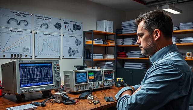 A technical workspace featuring sophisticated vibration analysis equipment, such as oscilloscopes and vibration meters, on a sturdy workbench. In the foreground, a focused engineer in a professional attire examines an intricate waveform on a digital display, highlighting the tension of resonance analysis escalation. The middle ground shows a wall with charts illustrating frequency response and escalation triggers, interspersed with technical diagrams of rotating machinery. In the background, shelves filled with calibration tools and manuals create an organized yet busy atmosphere, illuminated by bright overhead lights that cast clear shadows. The image conveys a serious and analytical mood, emphasizing the importance of timing and expertise in escalated analysis for custom rotating equipment. A technical workspace featuring sophisticated vibration analysis equipment, such as oscilloscopes and vibration meters, on a sturdy workbench. In the foreground, a focused engineer in a professional attire examines an intricate waveform on a digital display, highlighting the tension of resonance analysis escalation. The middle ground shows a wall with charts illustrating frequency response and escalation triggers, interspersed with technical diagrams of rotating machinery. In the background, shelves filled with calibration tools and manuals create an organized yet busy atmosphere, illuminated by bright overhead lights that cast clear shadows. The image conveys a serious and analytical mood, emphasizing the importance of timing and expertise in escalated analysis for custom rotating equipment.